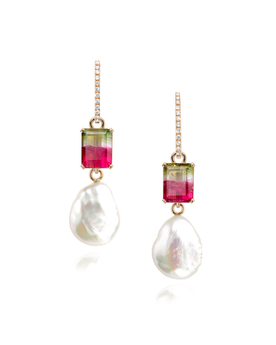 SLAETS Verlovingsringen VERKOCHT Earrings with Watermelon Tourmaline, Pearls and Diamonds *SOLD OUT (watches)